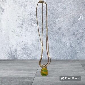 Medici Goldtone Necklace UV Reactive Glowing Green Yellow Vaseline Glass Bead